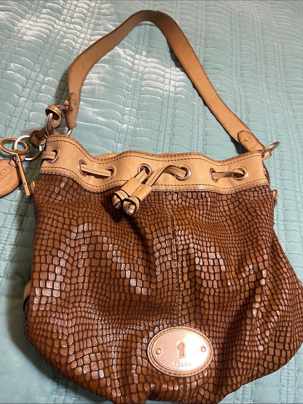 Designer Fossil Maddox Brown & Tan Drawstring Shoulder Bag